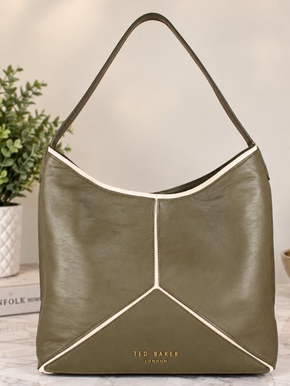 Ted Baker London Olive Green Leather Hobo Shoulder Bag Large